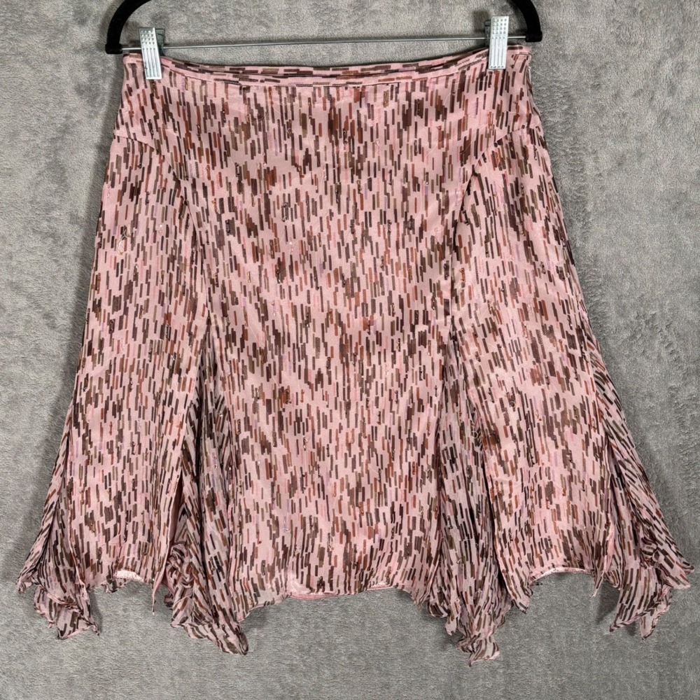 ECI New York Vntg Pink Brown Abstract Silk Beaded Shark Bite Hem Skirt 10 Fairy